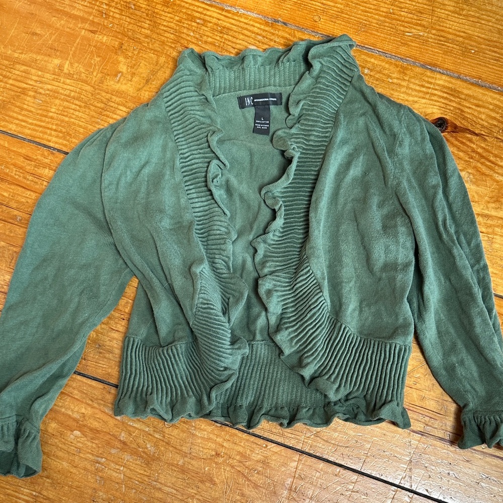 INC International Concepts Sage Green Ruffle-Front Bolero Cropped Cardigan